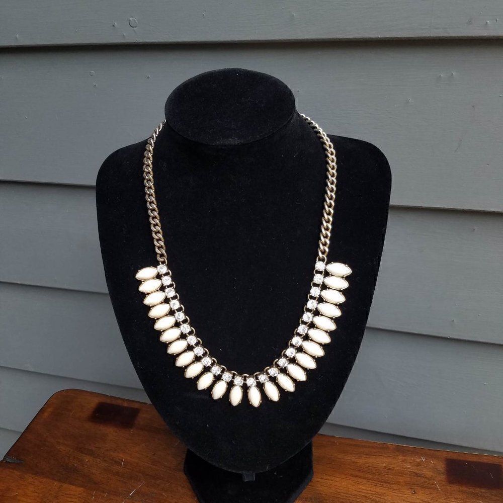 J Crew Navette White Maquis shape Rhinestone Statement Necklace 20" 3" extender - Picture 6 of 9
